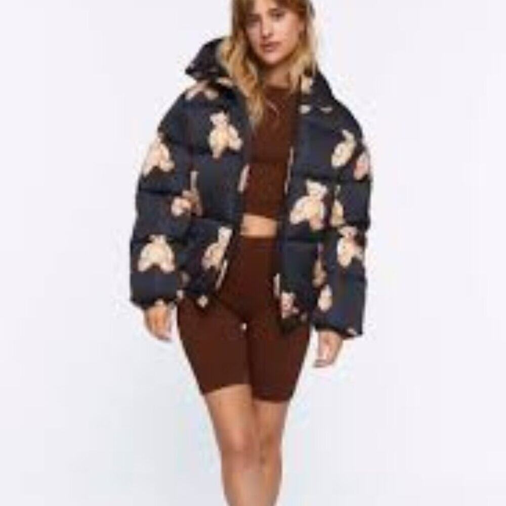 Forever 21 Full Zip 2 Pocket Black Women's M Puffer Jacket with Teddy Bear Print